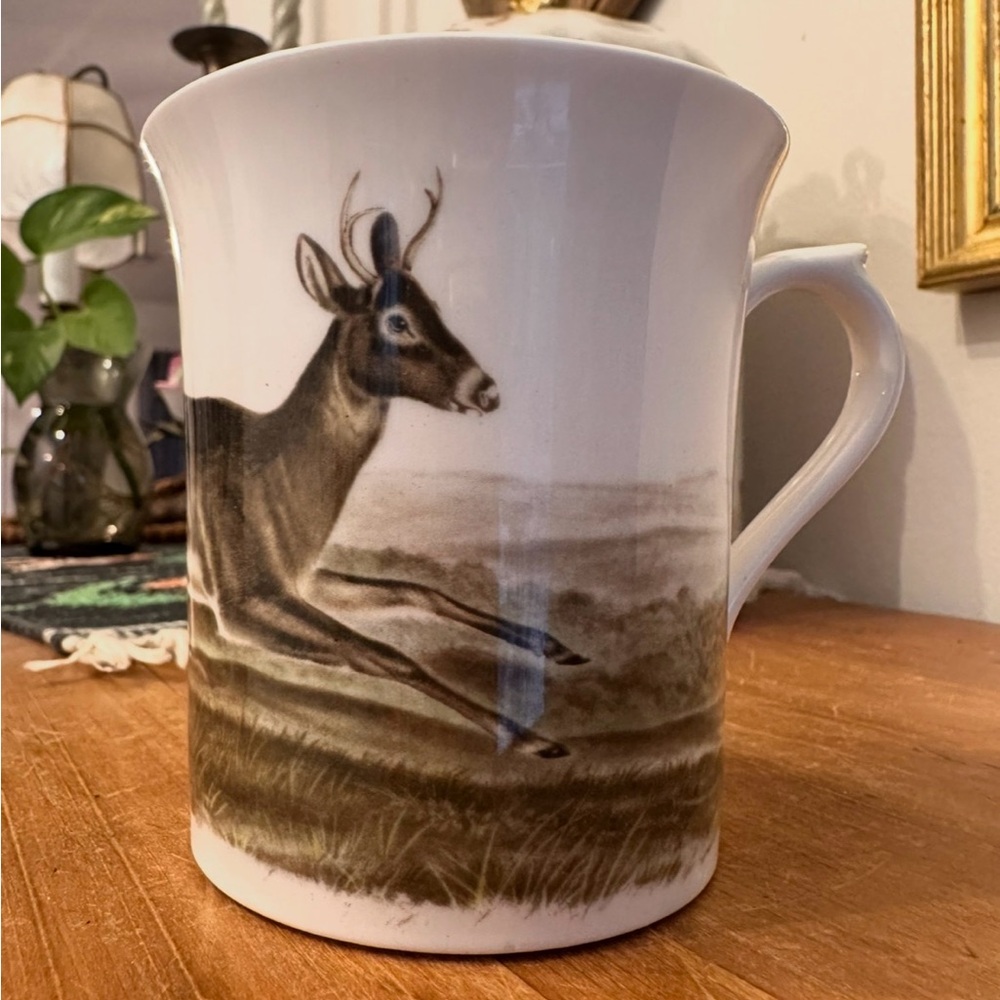 Horchow Fine Bone China England White Ceramic Mug with Brown Deer Motif